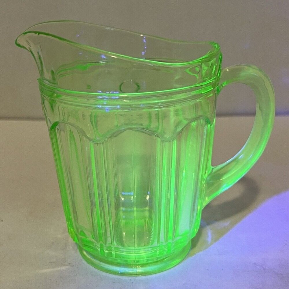 Vintage Green Depression Uranium Glass 16 oz. Pitcher,  Excellent Shape.